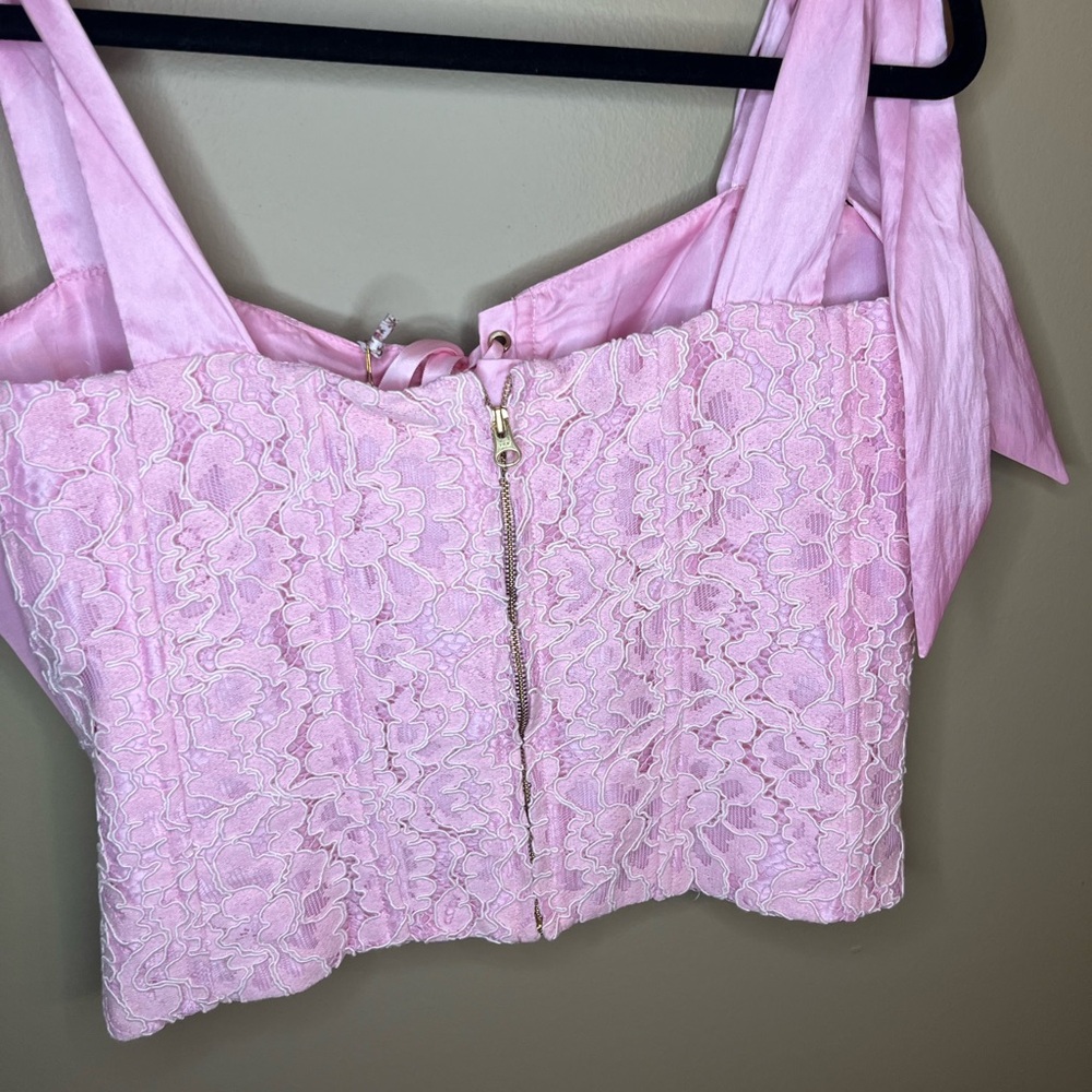 LoveShackFancy Pink Lace-Up Satin Corset Top - Picture 7 of 7